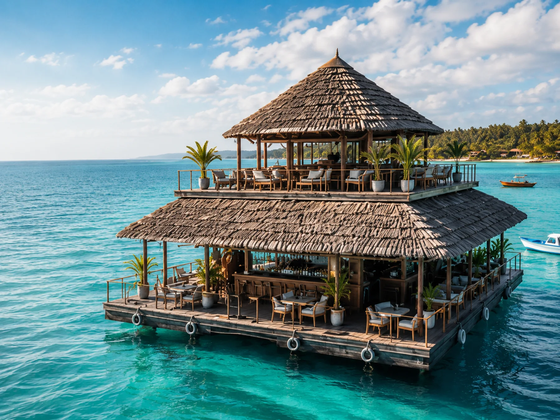 Blue Oasis, the floating restaurant, bar and beach club moored off Michamvi