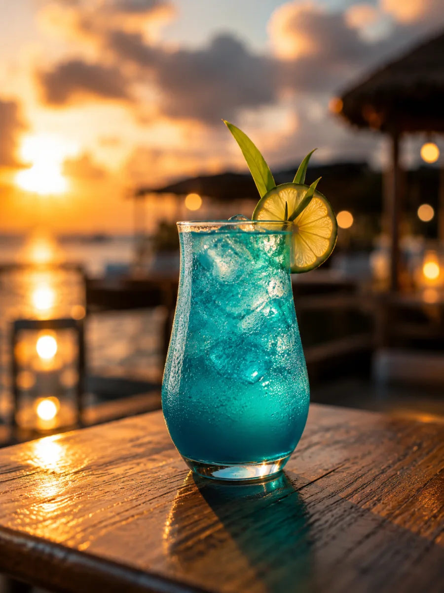 A signature cocktail at sunset